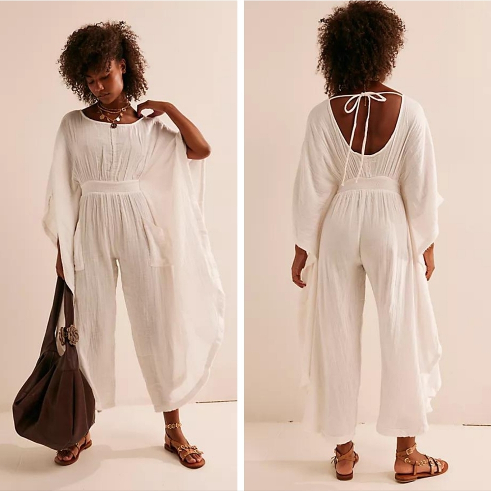 Free People White Bohemian Jumpsuit with Billowy Sleeves
